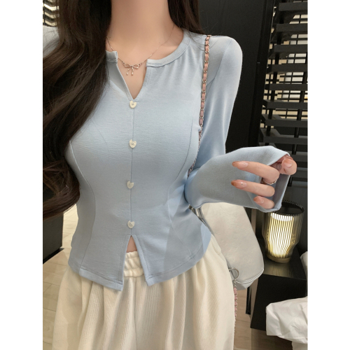 Long-sleeved V-neck top for women early autumn slim fit pullover T-shirt