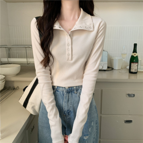 POLO collar bottoming shirt for women in spring and autumn, short slim long-sleeved T-shirt slim fit top for small people