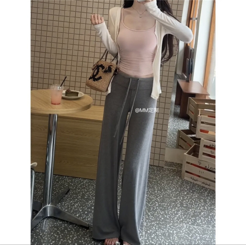 Grey drawstring casual yoga pants for women, autumn high-waisted slimming straight-leg wide-leg pants with a draping ground-length design