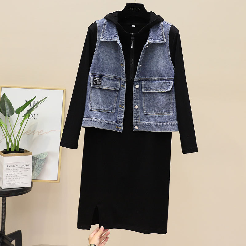 Official picture of fashionable women's new style fat MM cover-up and slimming suit, stylish age-reducing denim vest two-piece trendy set
