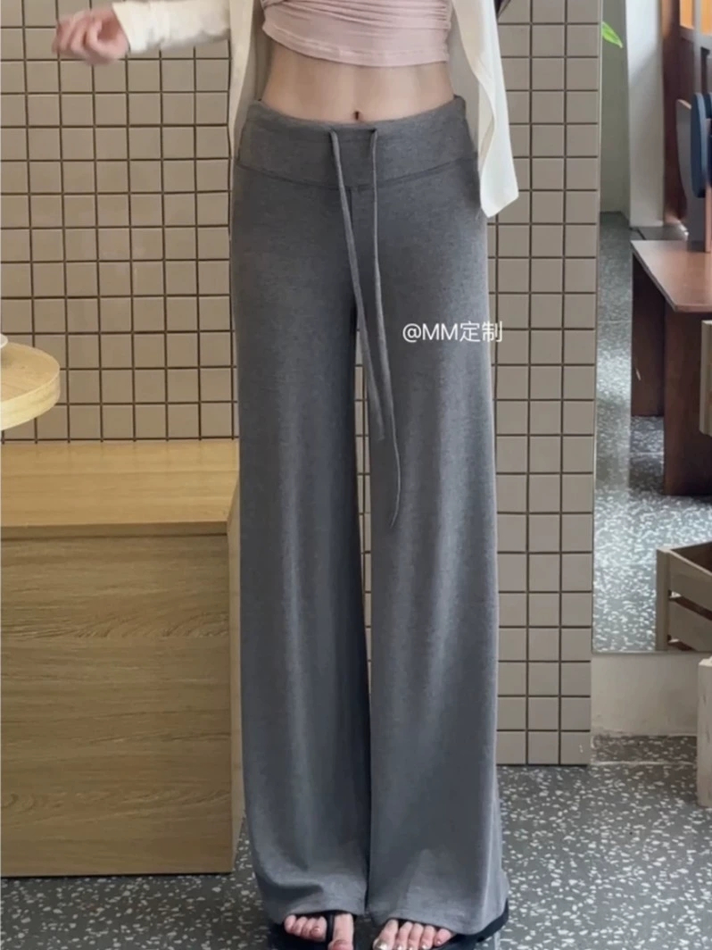 灰色抽繩休閒瑜伽褲女秋季高腰顯瘦直筒闊腿褲垂感拖地長褲