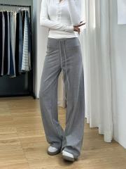 Grey drawstring casual yoga pants for women, autumn high-waisted slimming straight-leg wide-leg pants with a draping floor-length design.
