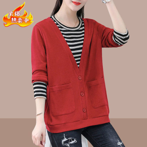 Large size fake two-piece round neck sweatshirt for women spring and autumn new Korean style loose fashion long-sleeved top