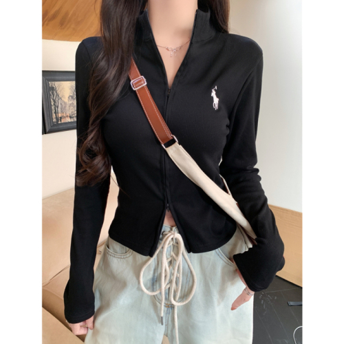 Real shot of rayon 2*2 solid color zipper stand collar long-sleeved T-shirt for women with slimming embroidered casual top