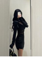 Pure Desire Mesh Spandex Tight Bodysuit Sexy Chicks High-end Elegant Dress for Women Petite Size Waist-cinch Slimming Bustle Skirt