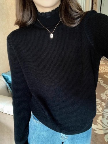 White French lace half-height knit base top for women, winter thick one-piece plush warm sweater for innerwear