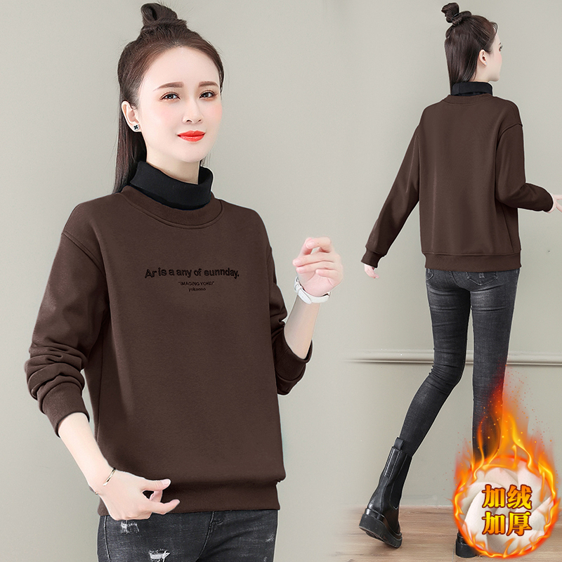 Velvet thickened turtleneck fake two-piece top autumn and winter loose large size pullover sweatshirt women's popular bottoming shirt