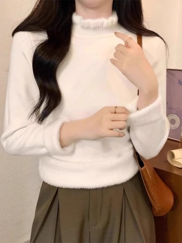 One-piece plush half-height collar mushroom edge inner wear knitted base shirt winter little black dress style warm sweater for women