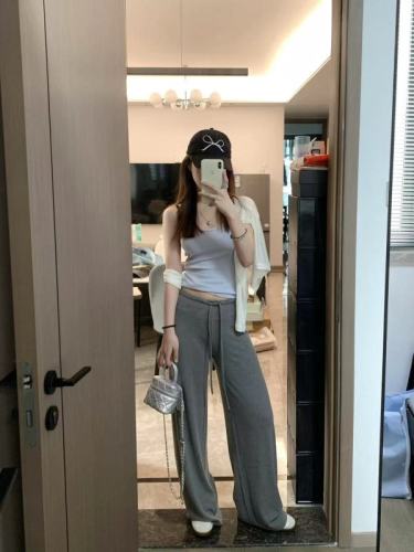 Grey drawstring casual yoga pants for women, autumn high-waisted slimming straight-leg wide-leg pants with a draping ground-length design