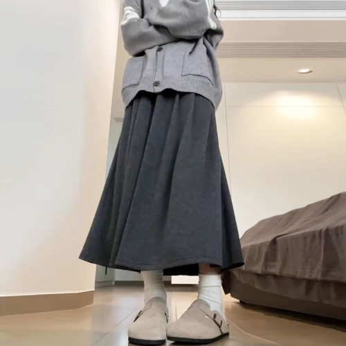 Original Quality Grey Glutinous Rice Dress for Women - Spring and Autumn Season New Arrival High-Waist A-Line Slimming Medium-Length Semi-Skirt