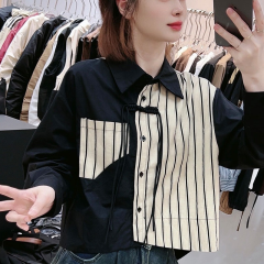 Official picture of early autumn new style lapel stripe contrasting button asymmetric shirt women's new loose casual top