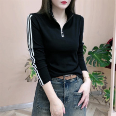 Autumn new slim fashion long-sleeved T-shirt women's casual stand-up collar half-zip bottoming top