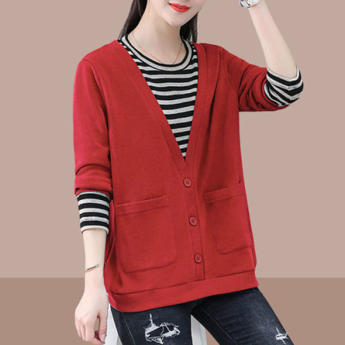 Large size fake two-piece round neck sweatshirt for women spring and autumn new Korean style loose fashion long-sleeved top