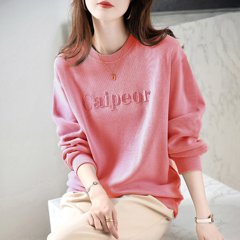 Long-sleeved round neck sweatshirt for women, spring and autumn new style, loose, large size, Korean style, fashionable, versatile pullover, foreign style top