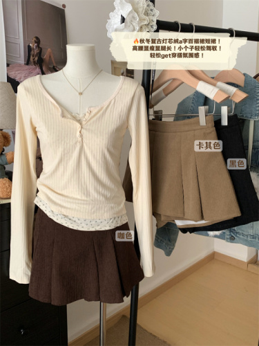 Real shot of winter fashion versatile corduroy high-waisted skirt for women petite A-line pleated skirt