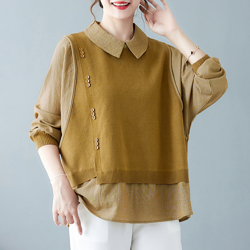 Mom's fashionable and noble bottoming shirt, middle-aged women's fake two-piece top, new autumn clothing, fashionable and age-reducing