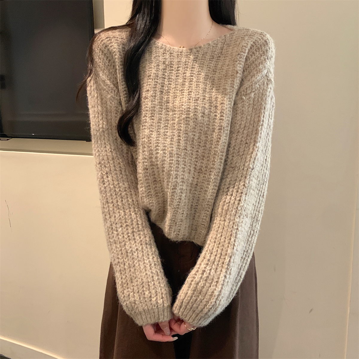 Photographed Autumn/Winter Korean Style Loose Sweet Thick Knit Lantern Sleeve Design Versatile Hooded Knit Top