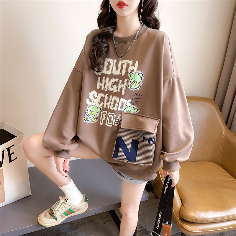 M-2XL autumn and winter college style cartoon pocket patch long-sleeved T-shirt plus size women's mid-length top (3 colors)-Kathy Doll