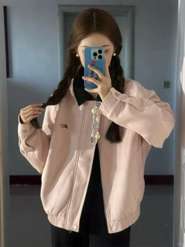 Suede lapel pink baseball jacket women's high-end all-match jacket top