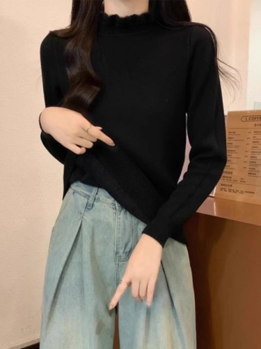 One-piece plush half-height collar mushroom edge inner wear knitted base shirt winter little black dress style warm sweater for women