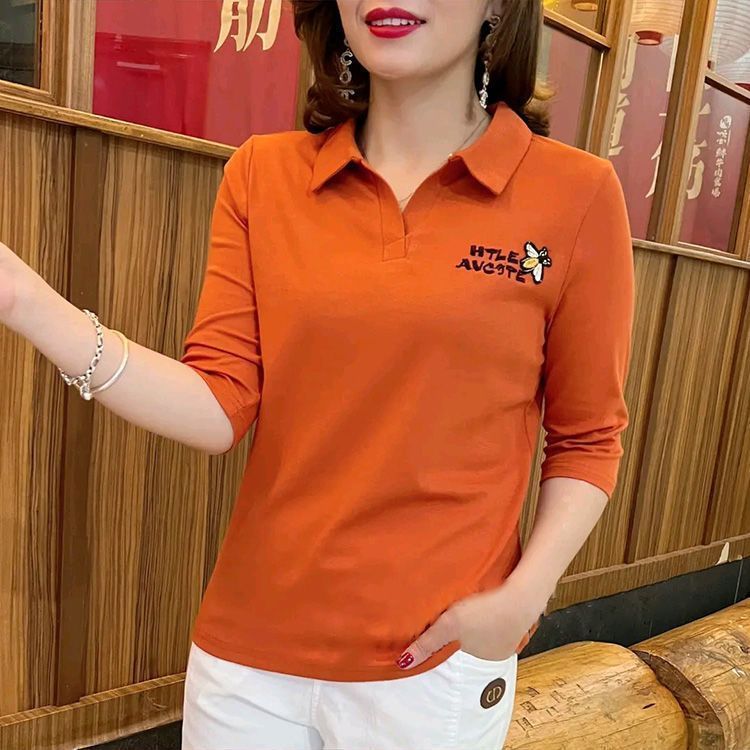 New Polo shirt lapel three-quarter sleeve spring and autumn versatile middle-aged mother ladies top