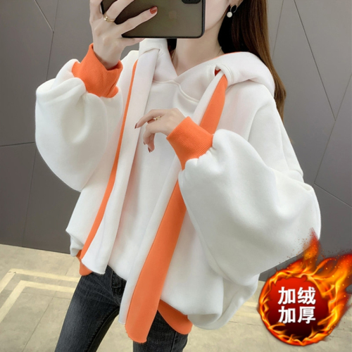 Official Photo Milk Silk Composite Beibei Velvet Autumn and Winter Plus Velvet Color Matching Design Hooded Sweatshirt