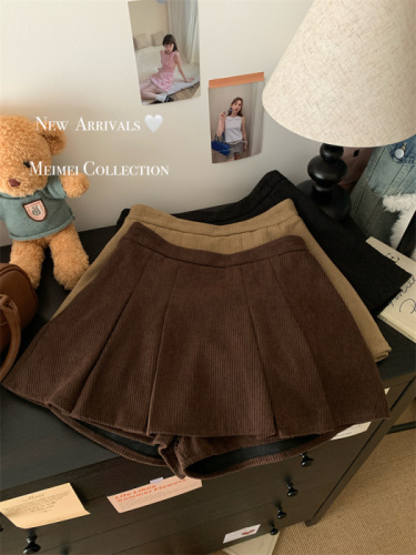 Real shot of winter fashion versatile corduroy high-waisted skirt for women petite A-line pleated skirt