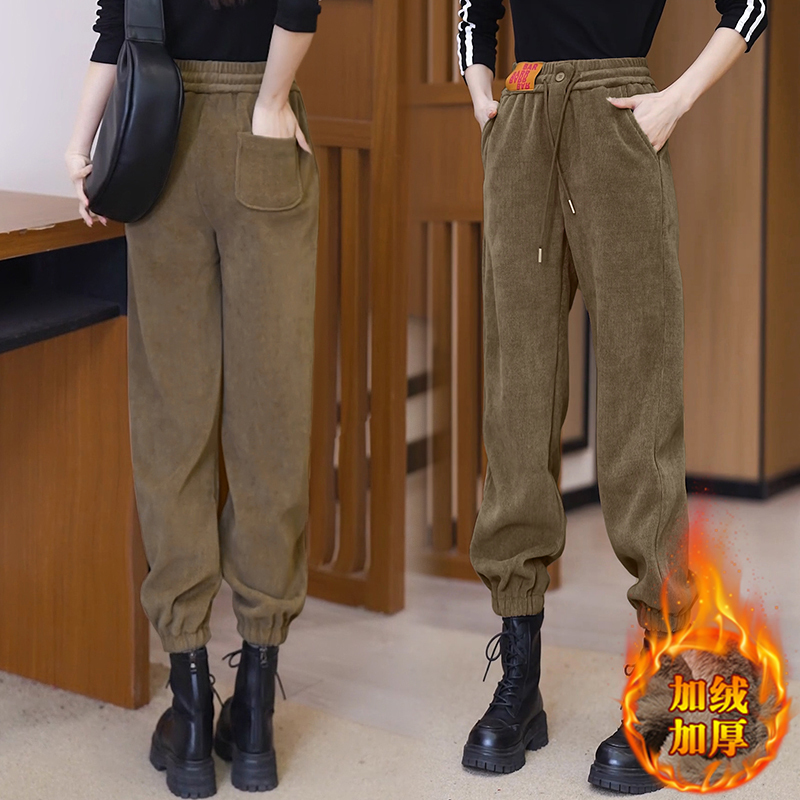 Sports pants for women in autumn and winter plus velvet and thickened sweatpants, loose leg-tie slimming harem casual pants for women