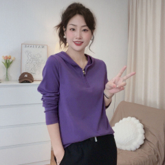 Spring and Autumn New Style Hooded Right Shoulder Women's Long Sleeve T-Shirt Casual Zipper Loose Versatile Slim Top