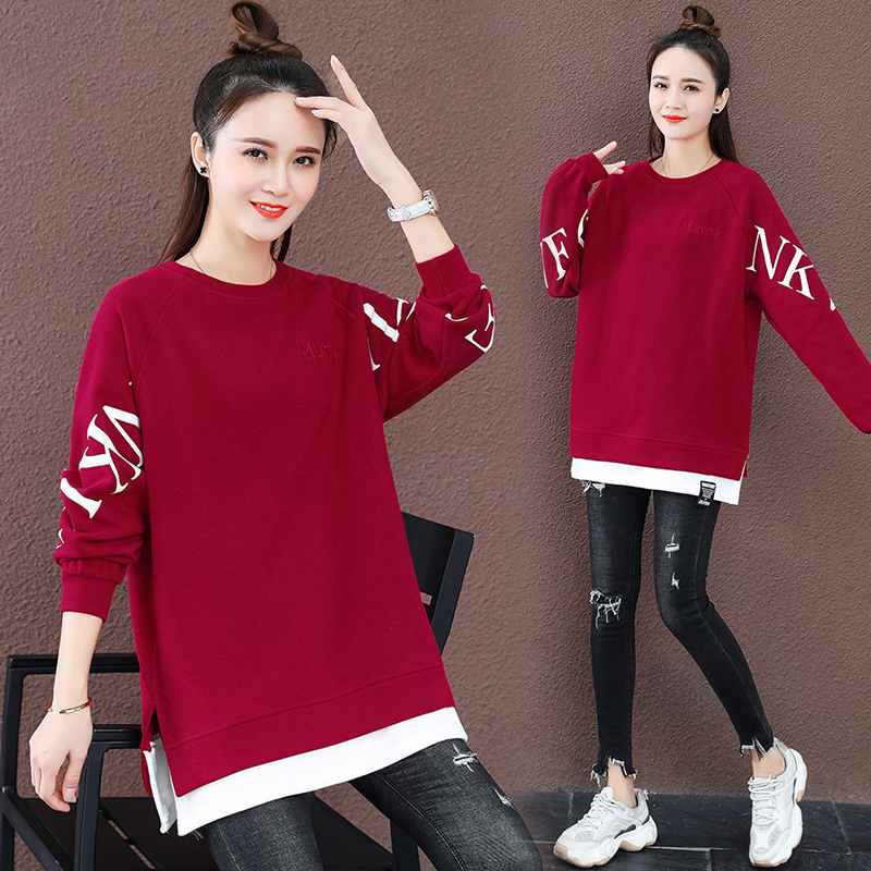 Spring and autumn new fake two-piece sweatshirt women's loose round neck long sleeve mid-length outer top