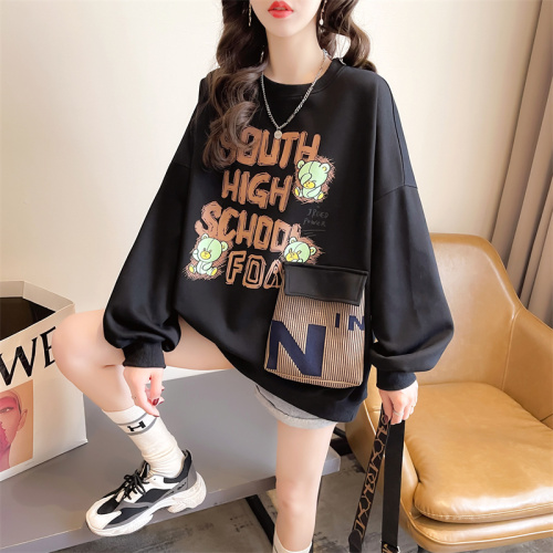 35 cotton Korean style loose large size printed three-dimensional pocket patch autumn thin sweatshirt for women