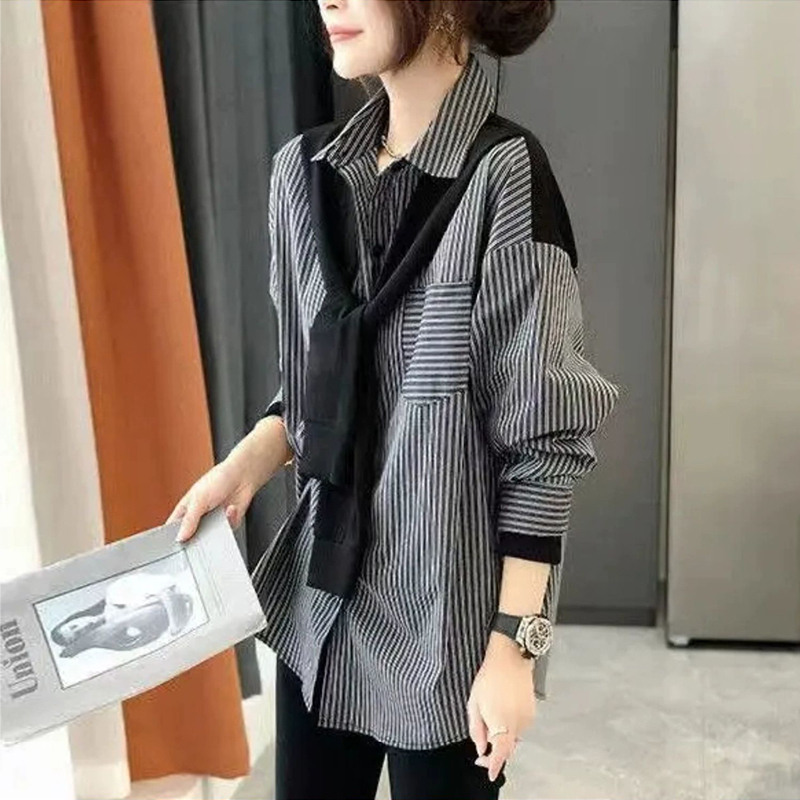 Official picture fake two-piece women's long-sleeved shirt shawl spring and autumn Western style new mid-length striped shirt women's clothing