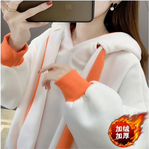 Official Photo Milk Silk Composite Beibei Velvet Autumn and Winter Plus Velvet Color Matching Design Hooded Sweatshirt