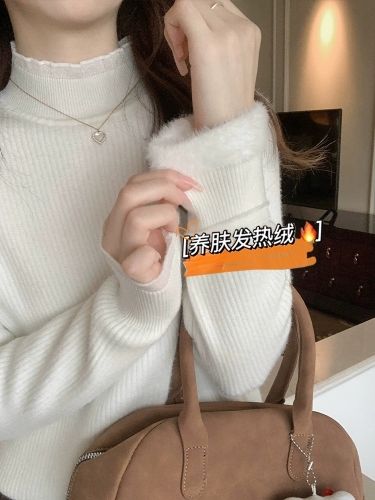 White French lace half-height knit base top for women, winter thick one-piece plush warm sweater for innerwear