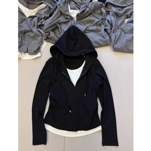 Original workmanship half-zip hooded side pleated fake two-piece sweatshirt for women early autumn 2024 casual versatile top