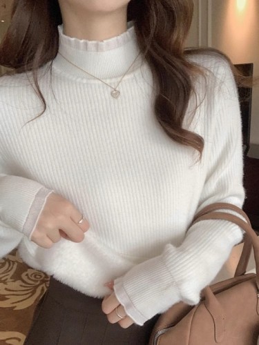 White French lace half-height knit base top for women, winter thick one-piece plush warm sweater for innerwear