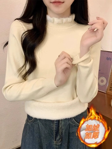 One-piece plush half-height collar mushroom edge inner wear knitted base shirt winter little black dress style warm sweater for women