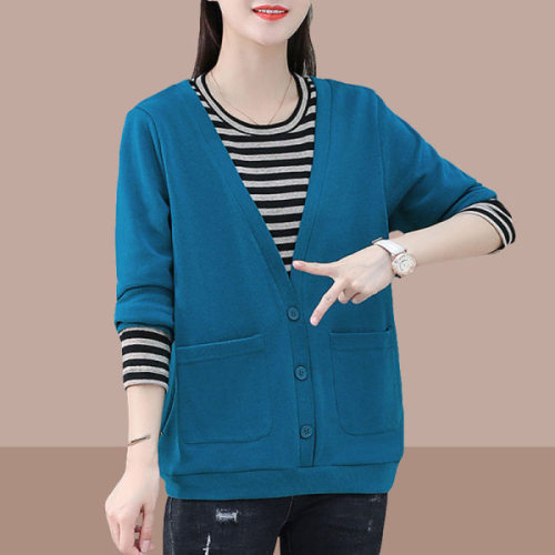 Large size fake two-piece round neck sweatshirt for women spring and autumn new Korean style loose fashion long-sleeved top