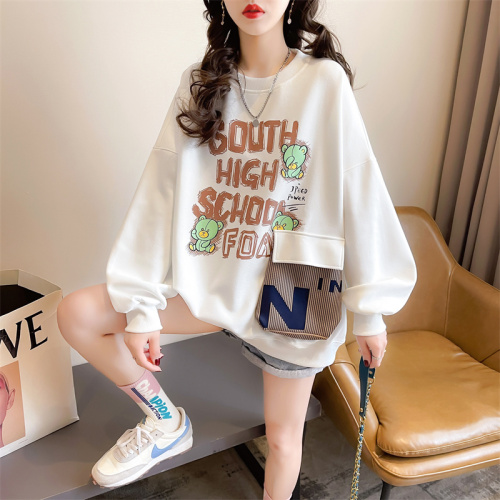 35 cotton Korean style loose large size printed three-dimensional pocket patch autumn thin sweatshirt for women