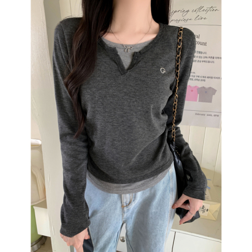 Actual shot of 280g cashmere and rayon 2*2 niche design fake two-piece contrasting color long-sleeved T-shirt for women