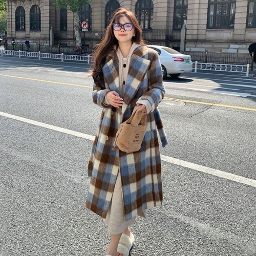 Plaid Hepburn woolen coat 2024 new woolen coat Korean style Korean style premium coat thickened