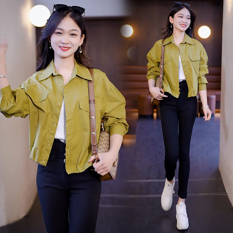 Official picture of early spring and autumn lapel shirt design for women, casual, versatile, loose and fashionable cardigan, women's short coat top