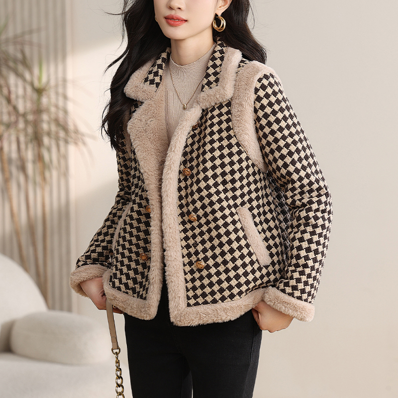 Houndstooth short coat for women winter new style thickened quilted jacket top