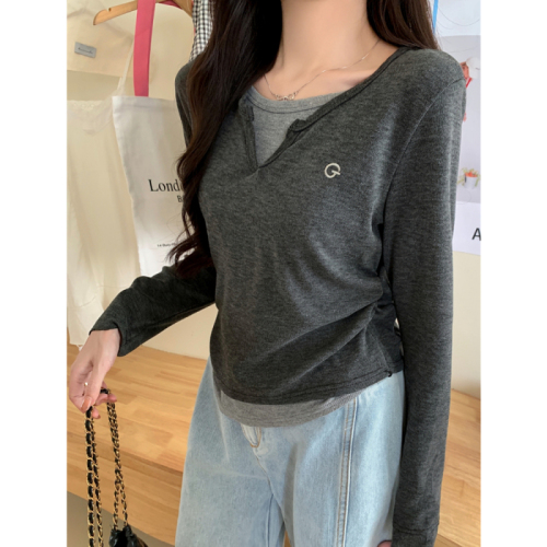 Actual shot of 280g cashmere and rayon 2*2 niche design fake two-piece contrasting color long-sleeved T-shirt for women