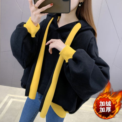 Official Photo Milk Silk Composite Beibei Velvet Autumn and Winter Plus Velvet Color Matching Design Hooded Sweatshirt