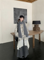 Vintage Loose Fit Versatile Print Casual Jacket Overcoat Layered with Pleated Shirt + Wide Leg Casual Pants Set
