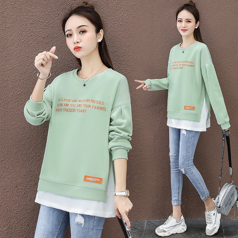 Designed side slit long-sleeved sweatshirt for women spring and autumn new loose fake two-piece round neck top jacket trendy