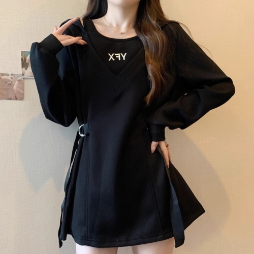 Original workmanship for fat mm niche waist hooded front shoulder sweatshirt for women slimming belly cover fake two-piece long-sleeved top