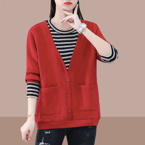 Large size fake two-piece round neck sweatshirt for women spring and autumn new Korean style loose fashion long-sleeved top