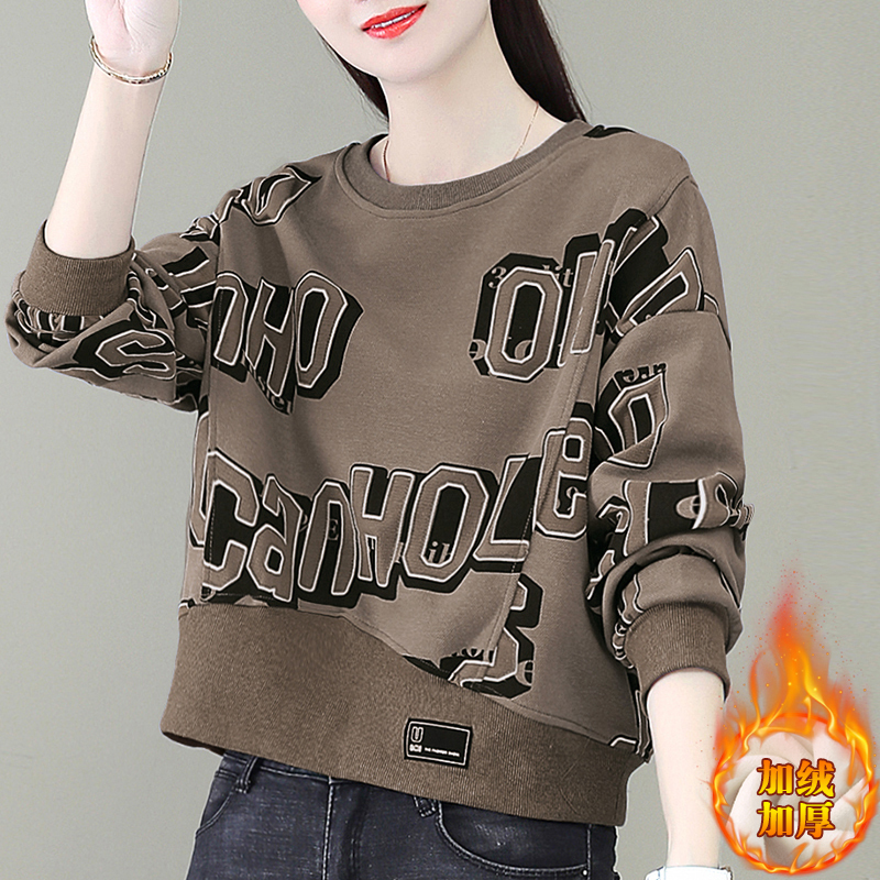 European sweatshirt women's spring, autumn and winter new style small loose short high waist round neck long sleeve top